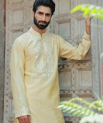 Yellow embroidered cotton silk kurta 3