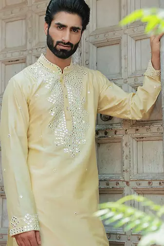 Yellow embroidered cotton silk kurta