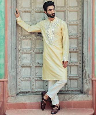 Yellow embroidered cotton silk kurta 4