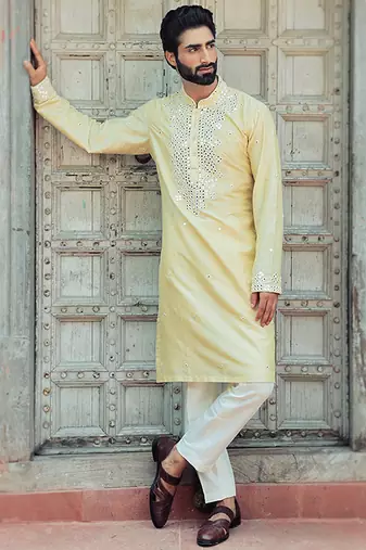 Yellow embroidered cotton silk kurta