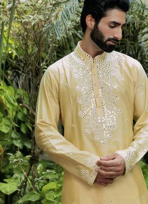 Yellow embroidered cotton silk kurta 5