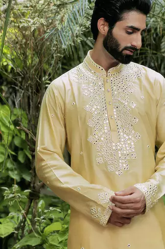 Yellow embroidered cotton silk kurta