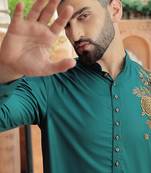 Turquoise embroidered cotton kurta