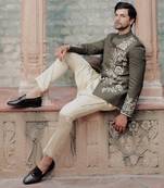Olive green embroidered jute jacket with kurta & pant