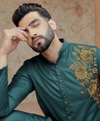 Turquoise embroidered cotton kurta 2