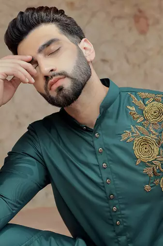 Turquoise embroidered cotton kurta