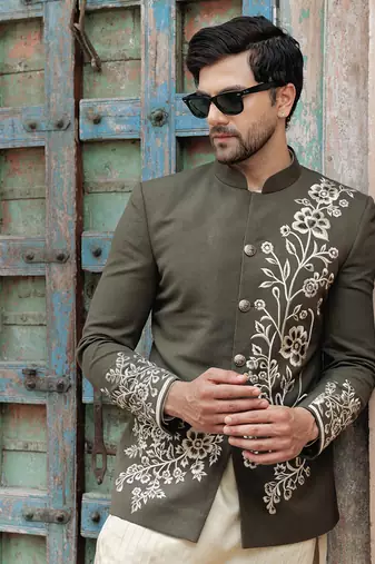 Olive green embroidered jute jacket with kurta & pant