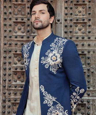 Blue embroidered jute jacket with kurta & pant 1
