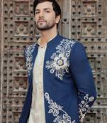 Blue embroidered jute jacket with kurta & pant