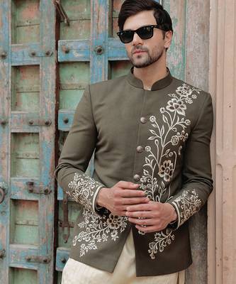 Olive green embroidered jute jacket with kurta & pant 3