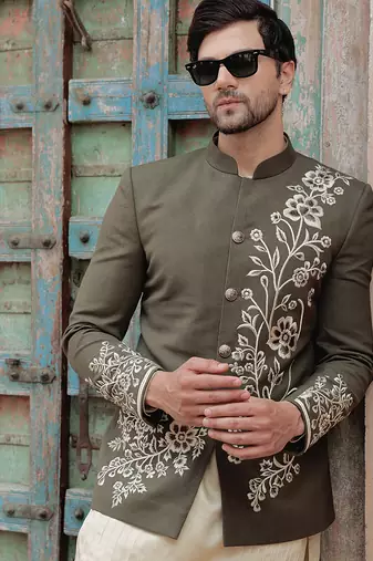 Olive green embroidered jute jacket with kurta & pant