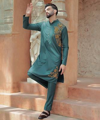 Turquoise embroidered cotton kurta 3