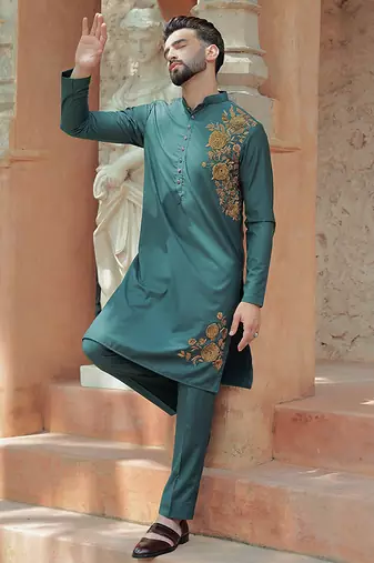 Turquoise embroidered cotton kurta