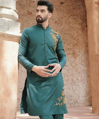Turquoise embroidered cotton kurta 4