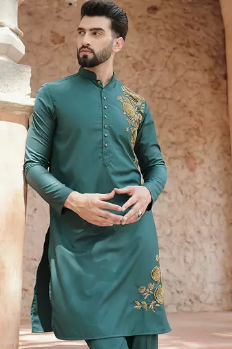 Turquoise embroidered cotton kurta