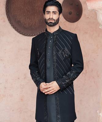 Blue embroidered  jacket with kurta and pant 2