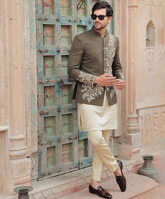 Olive green embroidered jute jacket with kurta & pant 4