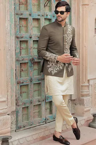 Olive green embroidered jute jacket with kurta & pant