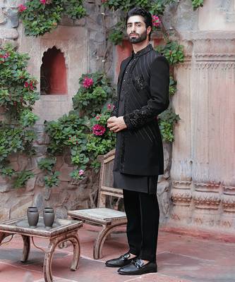 Blue embroidered  jacket with kurta and pant 3