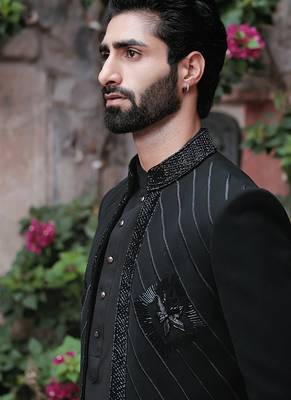 Blue embroidered  jacket with kurta and pant 4
