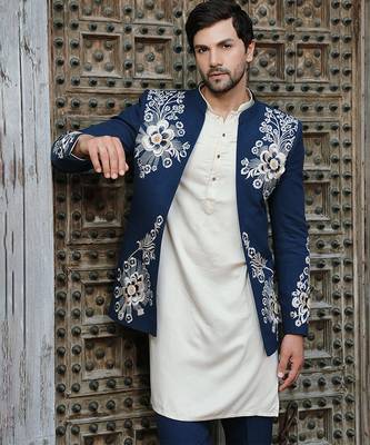 Blue embroidered jute jacket with kurta & pant 3