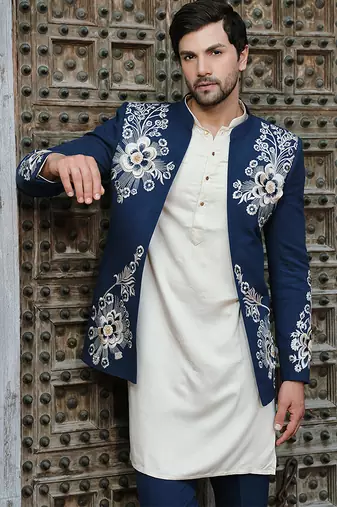 Blue embroidered jute jacket with kurta & pant