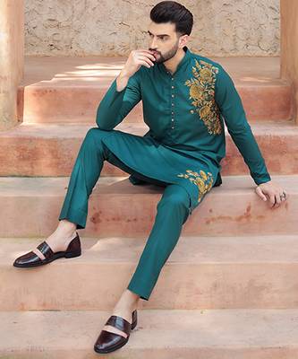 Turquoise embroidered cotton kurta 5