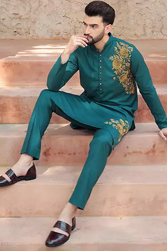 Turquoise embroidered cotton kurta