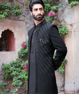 Blue embroidered  jacket with kurta and pant 5