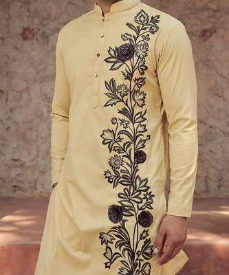 Yellow embroidered cotton kurta 1