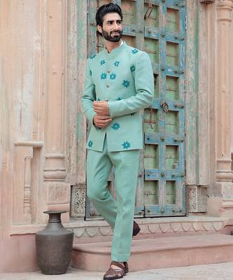 Blue embroidered jute bandhgala 1
