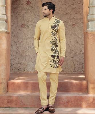 Yellow embroidered cotton kurta 2