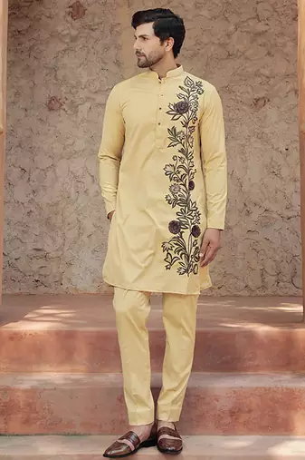 Yellow embroidered cotton kurta