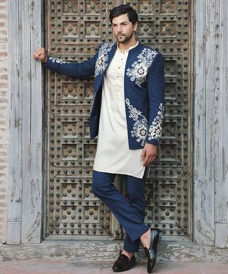 Blue embroidered jute jacket with kurta & pant 5