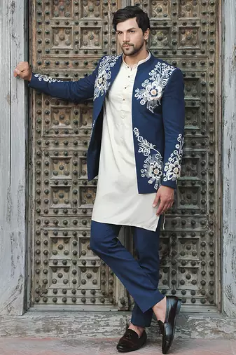 Blue embroidered jute jacket with kurta & pant