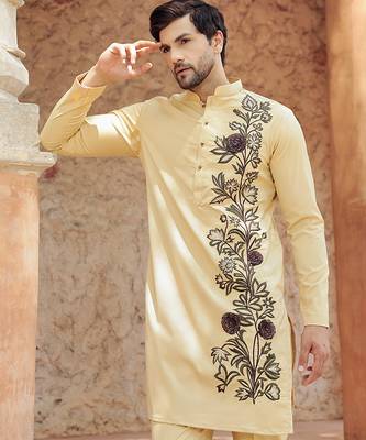 Yellow embroidered cotton kurta 3