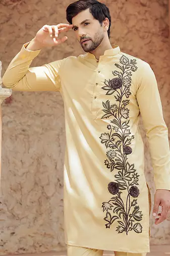 Yellow embroidered cotton kurta