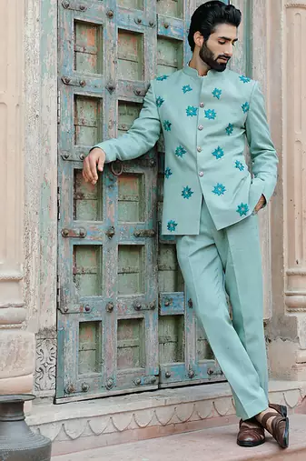 Blue embroidered jute bandhgala