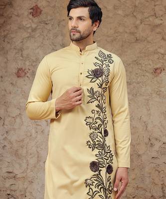 Yellow embroidered cotton kurta 4