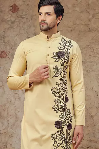 Yellow embroidered cotton kurta
