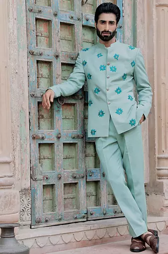 Blue embroidered jute bandhgala