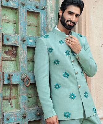 Blue embroidered jute bandhgala 4