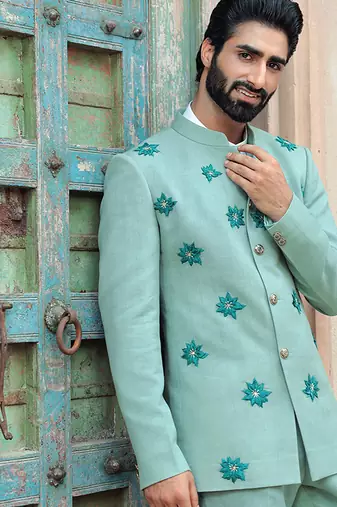 Blue embroidered jute bandhgala