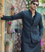 Black embroidered crepe kurta nehru jacket