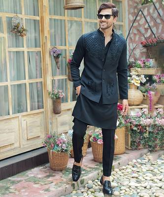 Black embroidered crepe kurta nehru jacket 2