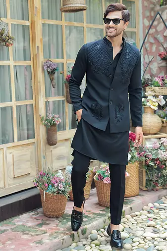 Black embroidered crepe kurta nehru jacket