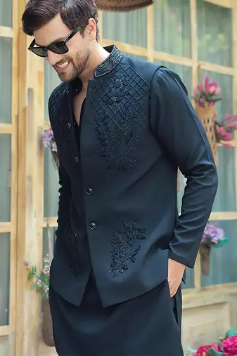 Black embroidered crepe kurta nehru jacket