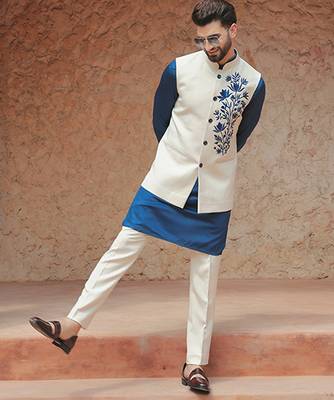 White embroidered crepe kurta nehru jacket 1