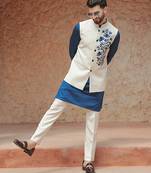 White embroidered crepe kurta nehru jacket