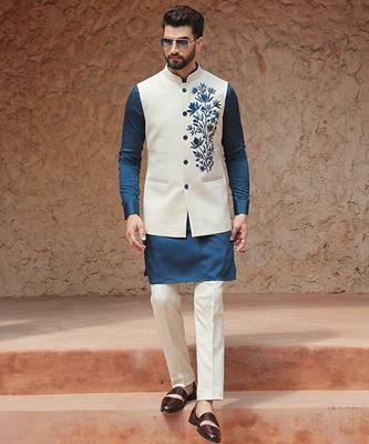 White embroidered crepe kurta nehru jacket 2